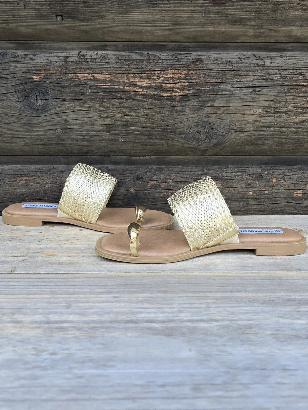 Steve Madden Dacey Y2K Coastal Boho Metallic Woven Toe Ring Slide Sandals 7M